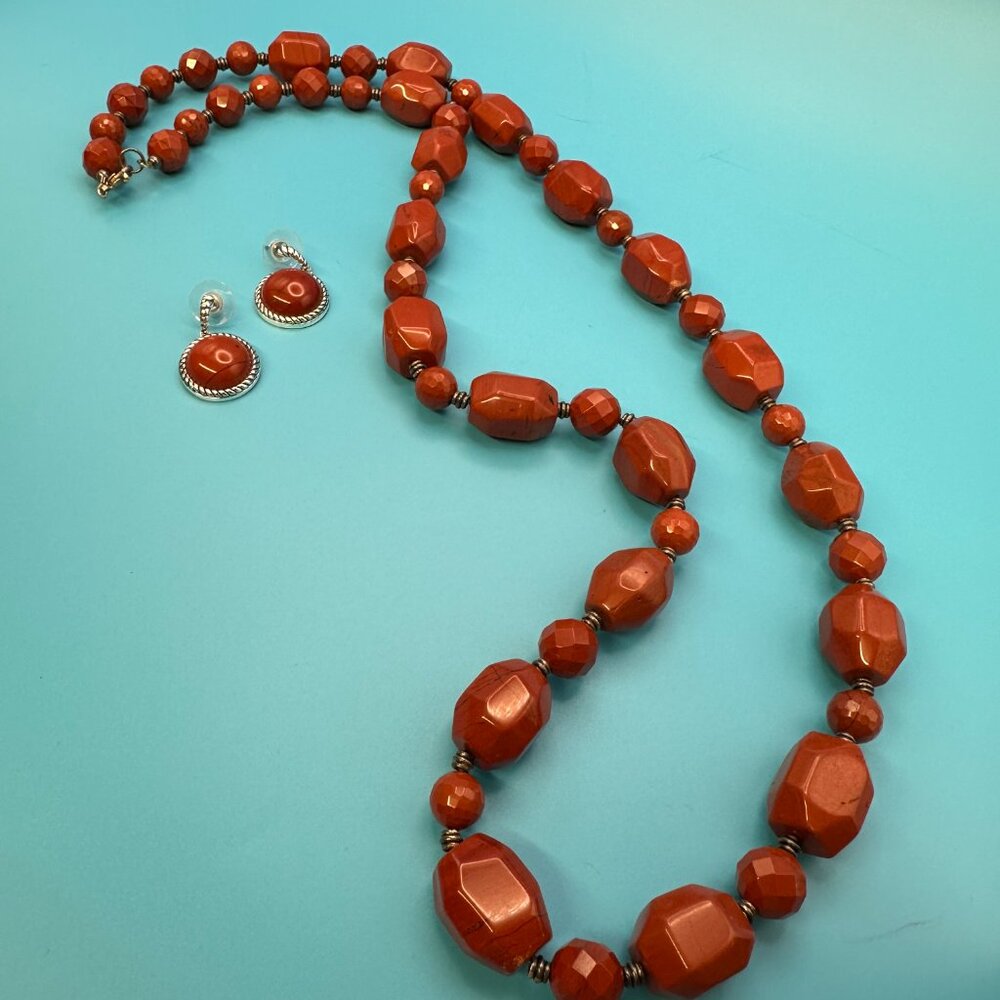 Chunky Red Jasper Faceted Stone & Sterling Silver Necklace.